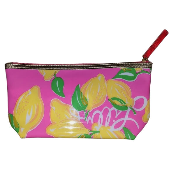 Lilly Pulitzer For Estee Lauder Makeup Bag Pink Lemon Yellow Zip Top PVC - Picture 2 of 5
